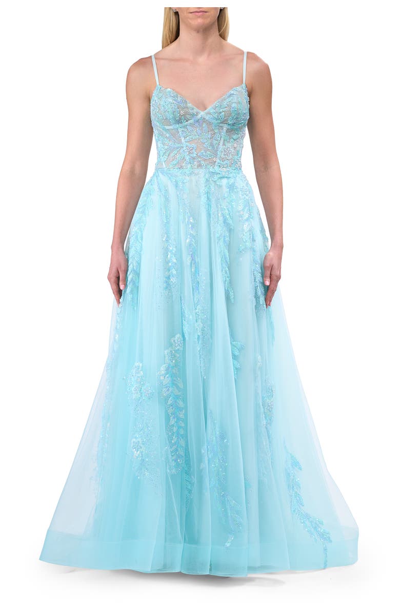 La Femme A-line Prom Dress with Beaded Floral Applique and Corset Top, Main, color, Light Blue