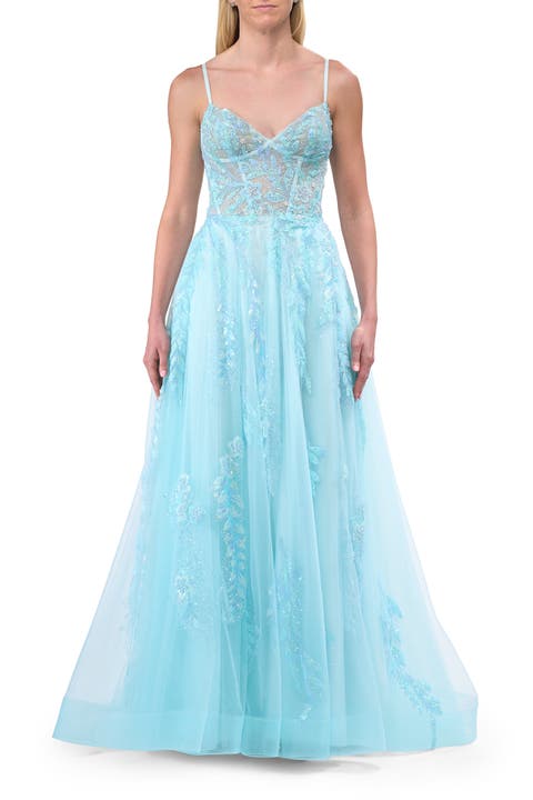 A-line Prom Dress with Beaded Floral Applique and Corset Top