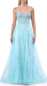 La Femme A-line Prom Dress with Beaded Floral Applique and Corset Top