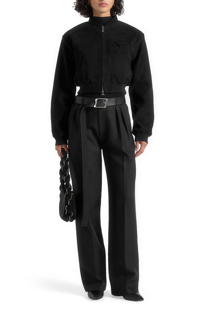 Manière De Voir Monique Suede Wide Shoulder Bomber Jacket, Main, color, Black