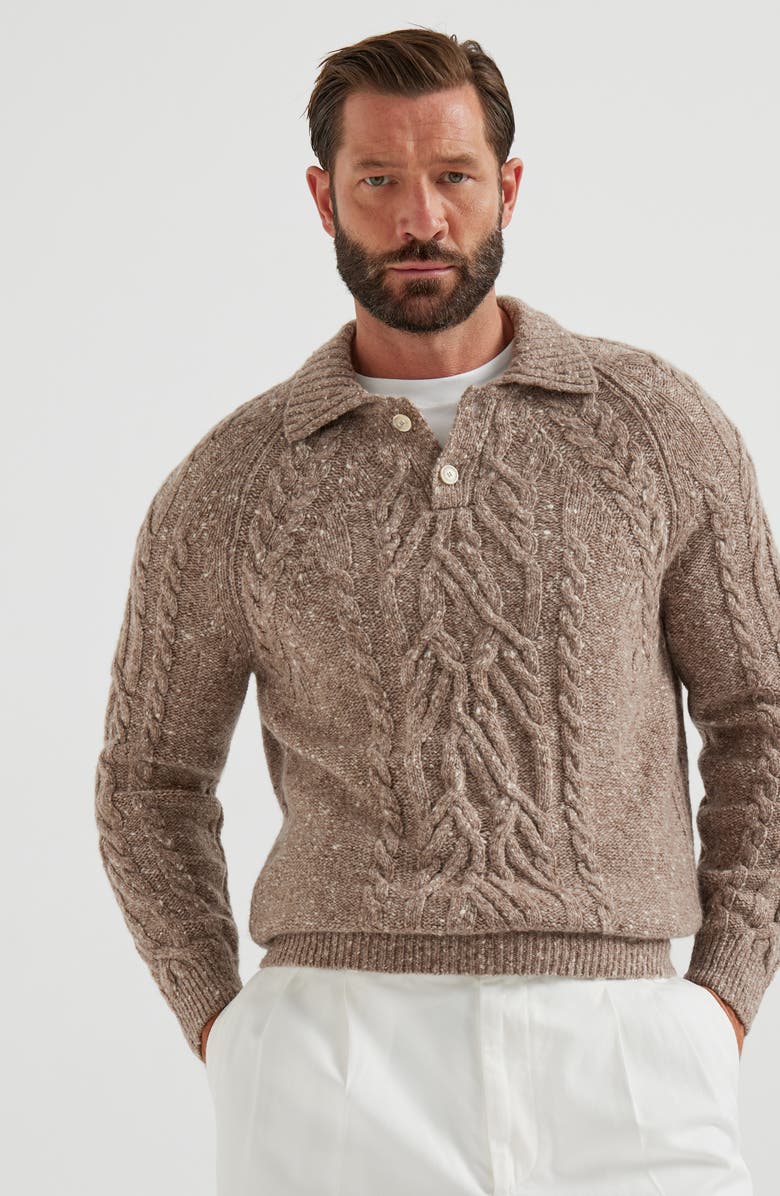 Brunello Cucinelli Cable knit polo shirt, Alternate, color, Hazelnut