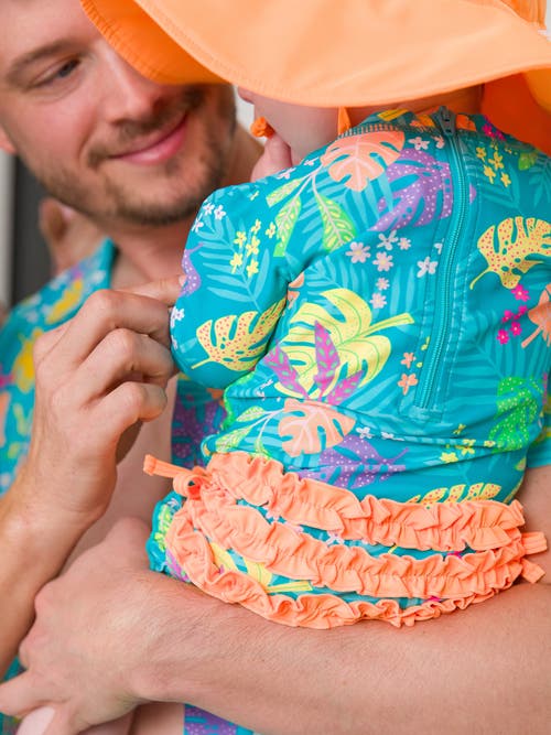 Rufflebutts Baby Girls Long Sleeve Upf50+ One Piece Rash Guard In Neon Tiki Vibes