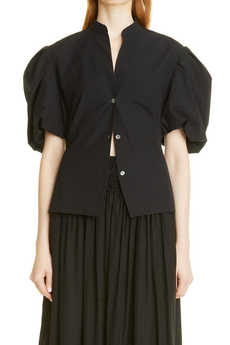 Puff Sleeve Cutout Back Detail Cotton Blouse, Main, color, BLACK