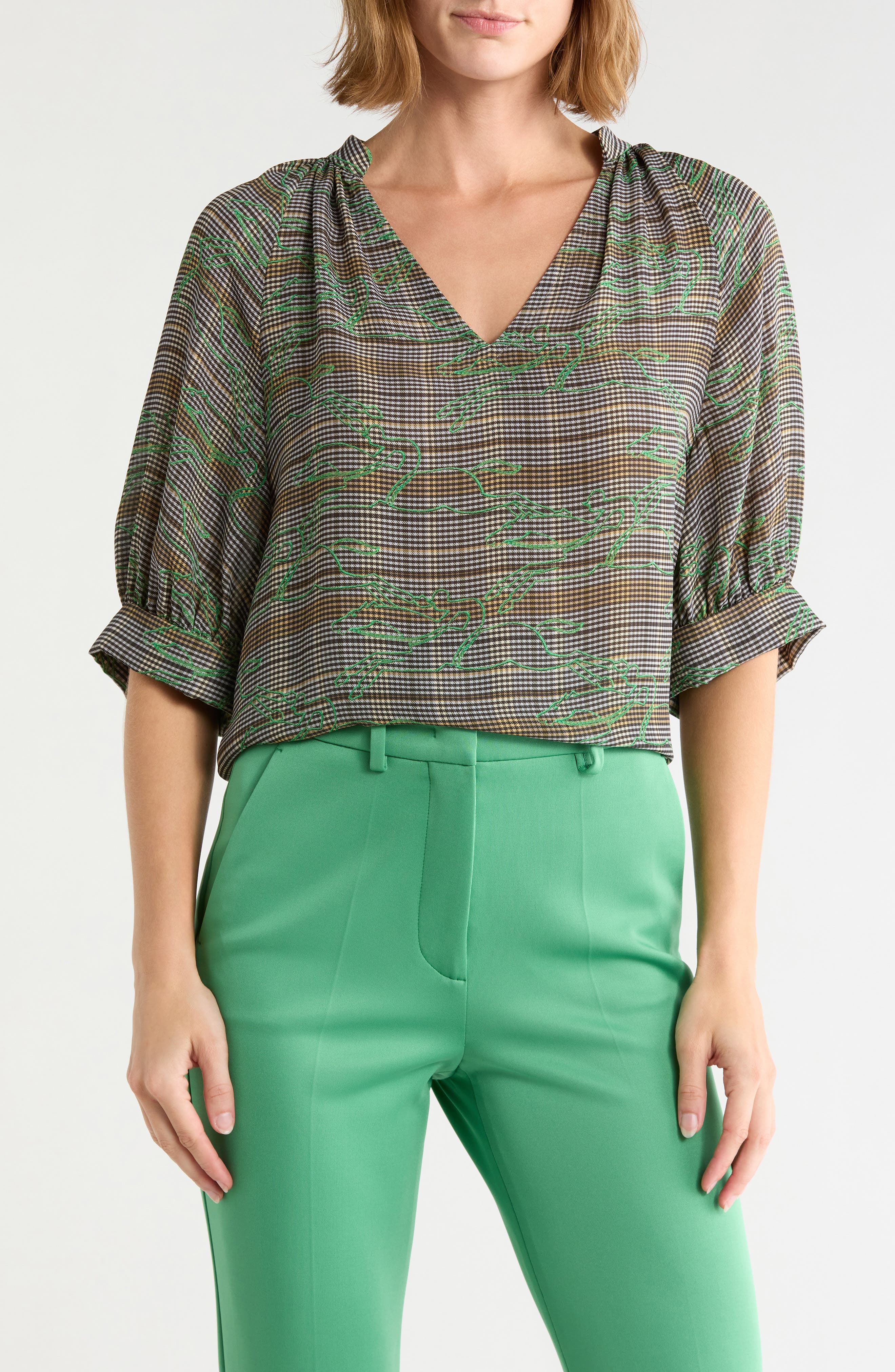 V-Neck Top with Banded Cuffs