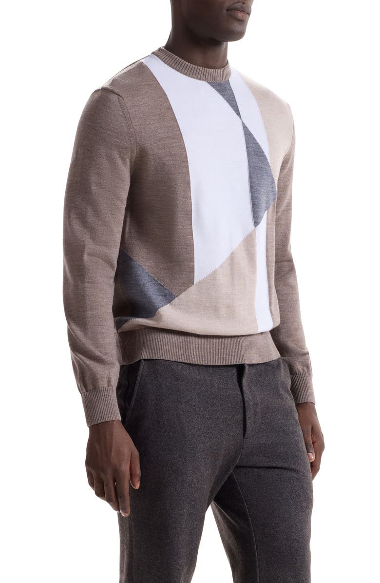 Bugatchi Geometric Pattern Merino Wool Crewneck Sweater, Alternate, color, Walnut