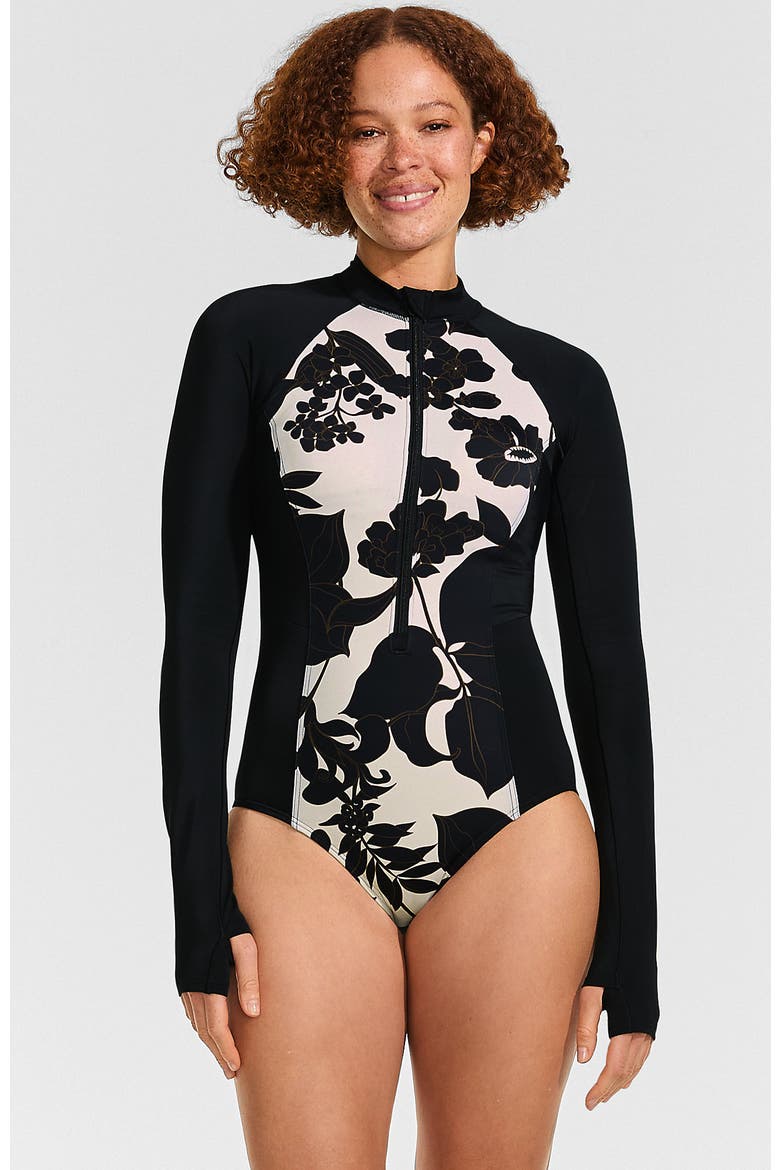 Tugless Long Sleeve Rash Guard One Piece Swimsuit, Main, color, Egret/Black Lilies