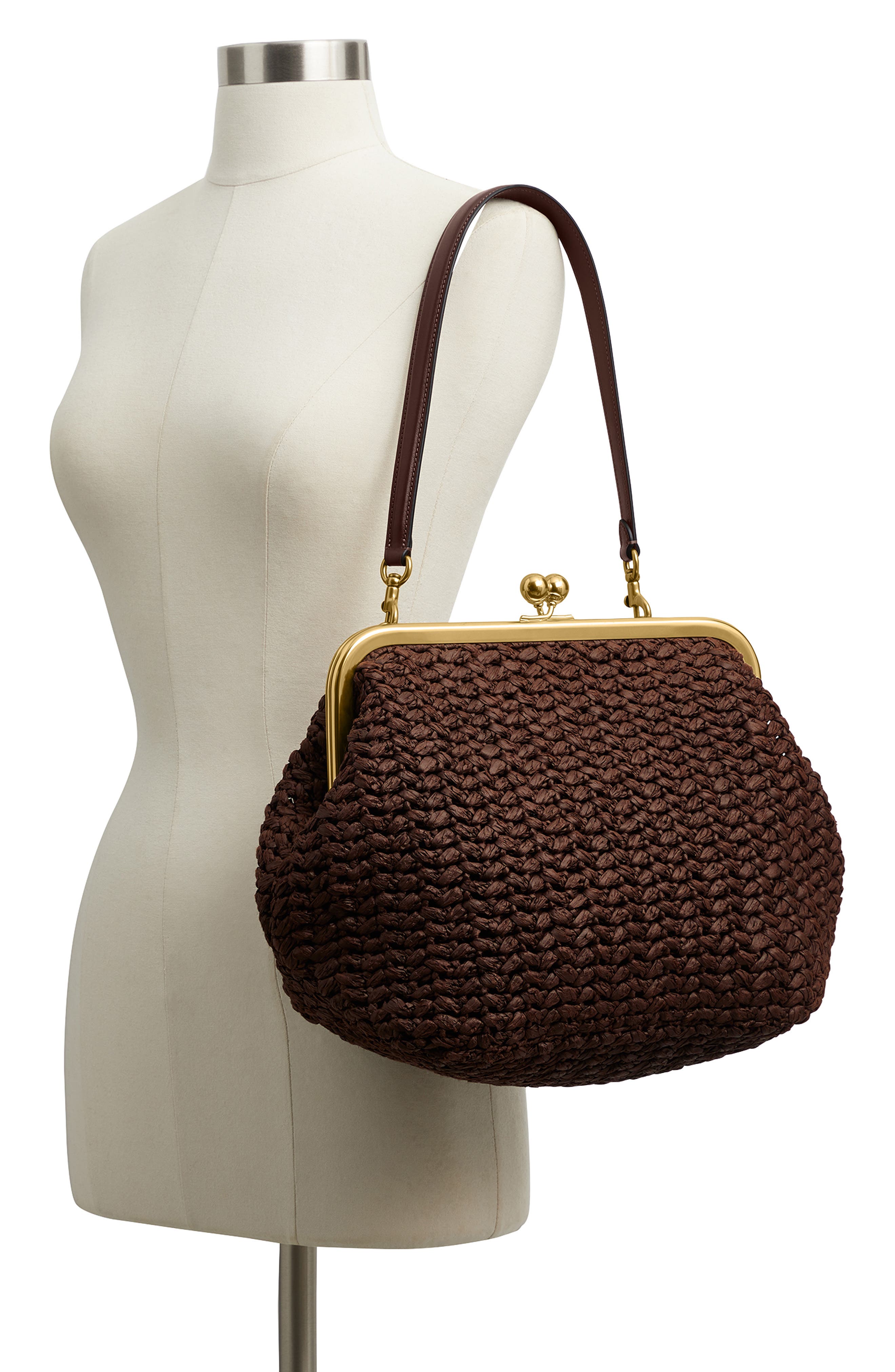 COACH Large Kisslock Woven Straw Frame Bag, Alternate, color, B4/ Maple