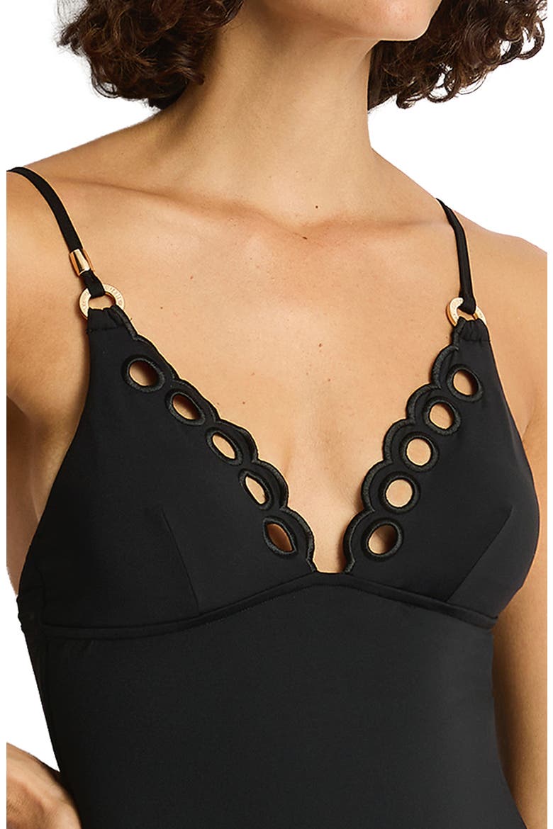 Elysian Embroidered Cutout One-Piece Swimsuit, Alternate, color, BLACK