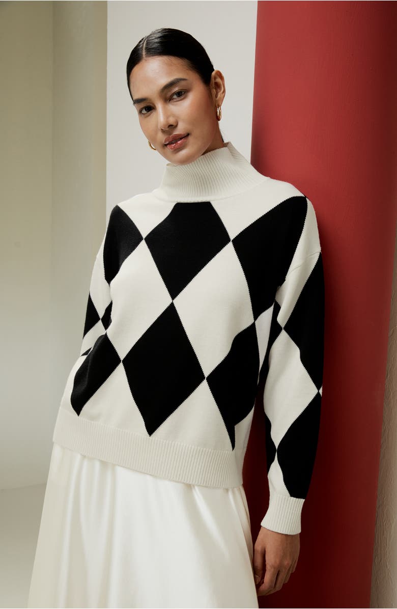 Lilysilk Women's Argyle Preppy Wool Sweater, Alternate, color, Black&White Diamond
