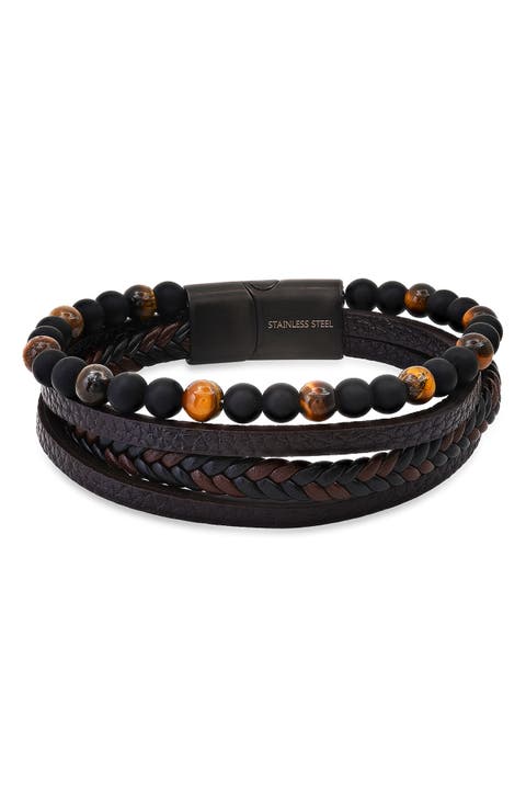 Mens' Multi-Strand Bead & Braided Leather Bracelet