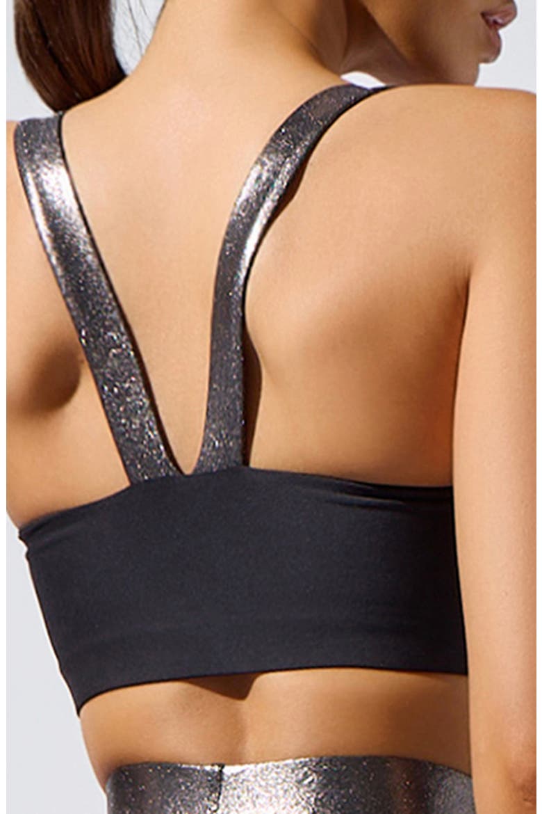 Lina Metallic Trim Longline Sports Bra, Alternate, color, BLACK