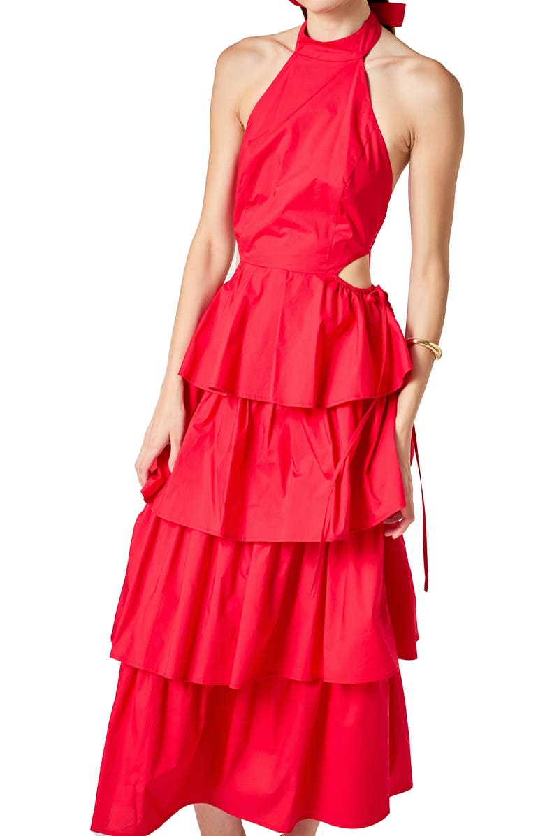 Endless Rose Tiered Ruffle Halter Maxi Dress, Alternate, color, Red