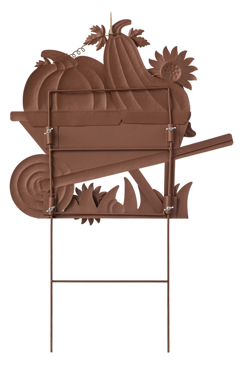 Glitzhome Fall Metal Wheel Barrow Pumpkin Yard Stake, Alternate, color, Orange
