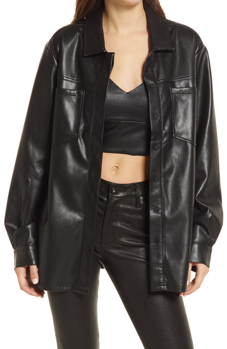 Good American Faux Leather Split Back Button-Up Shirt, Main, color,