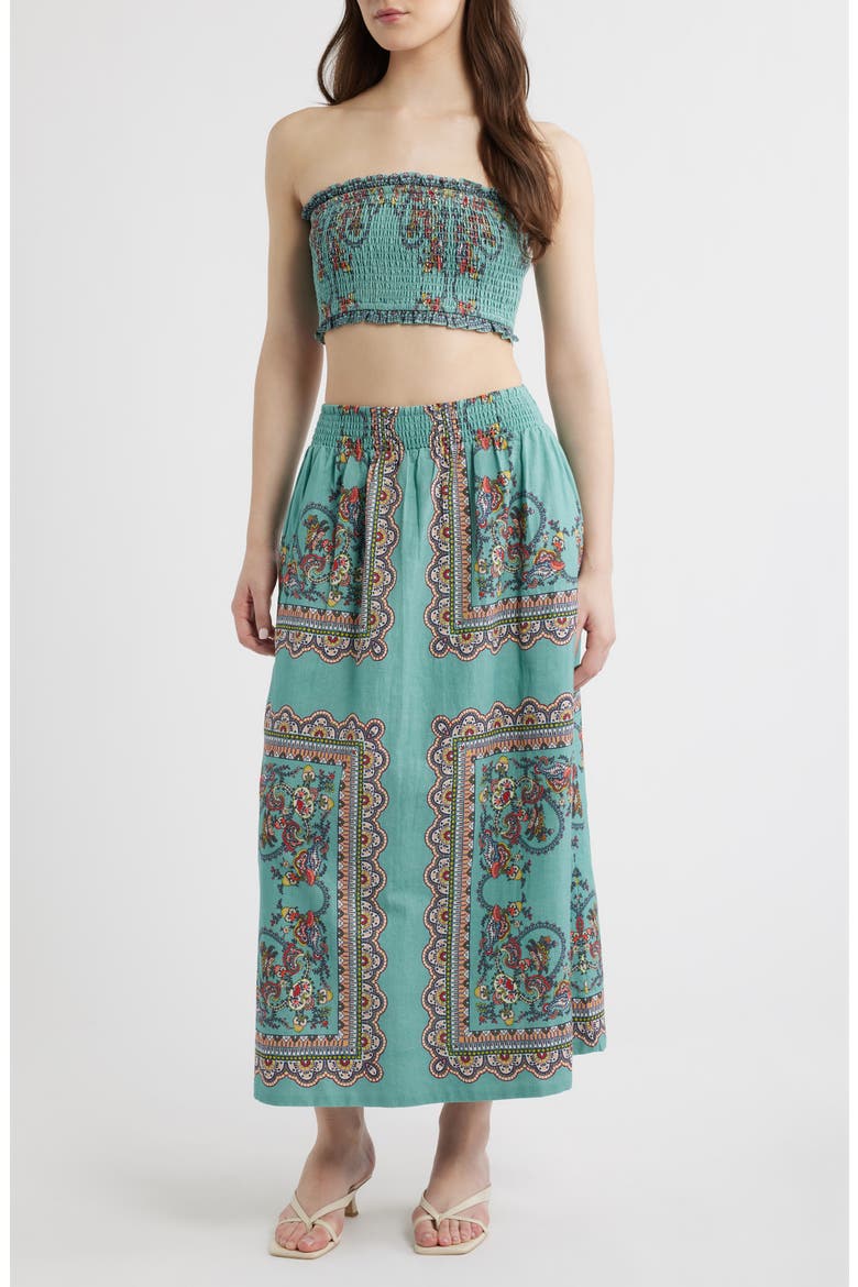Scarf Print Cotton & Linen Tube Top & Maxi Skirt Set, Main, color, BLEURA PRINT