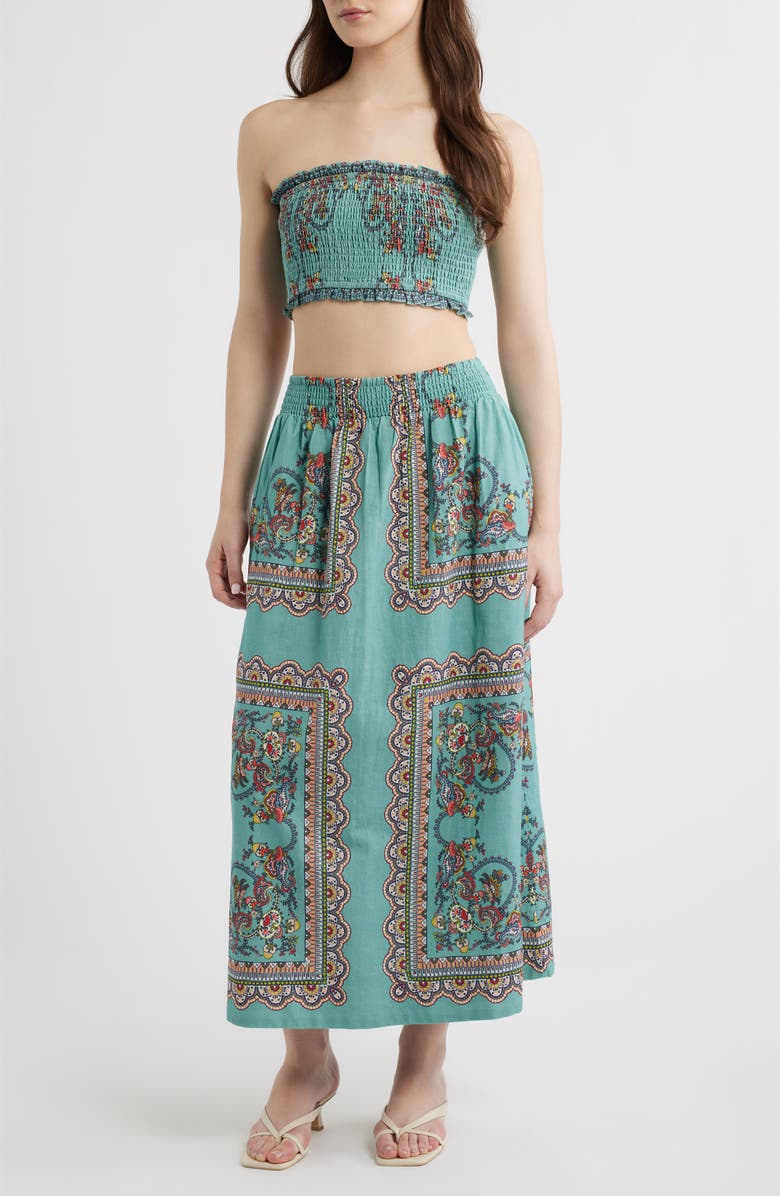 Cleobella Scarf Print Cotton & Linen Tube Top & Maxi Skirt Set, Main, color, Bleura Print