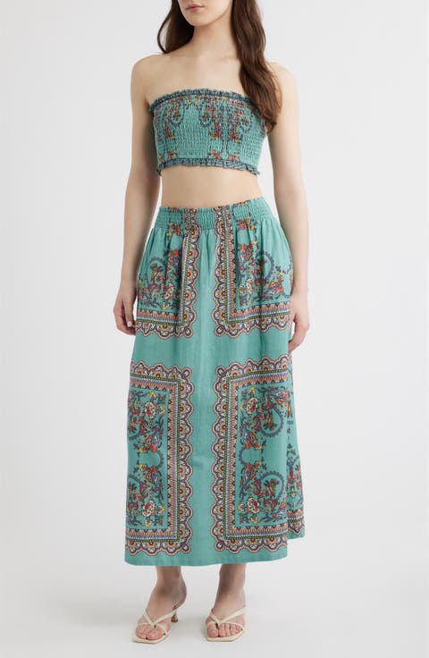Scarf Print Cotton & Linen Tube Top & Maxi Skirt Set