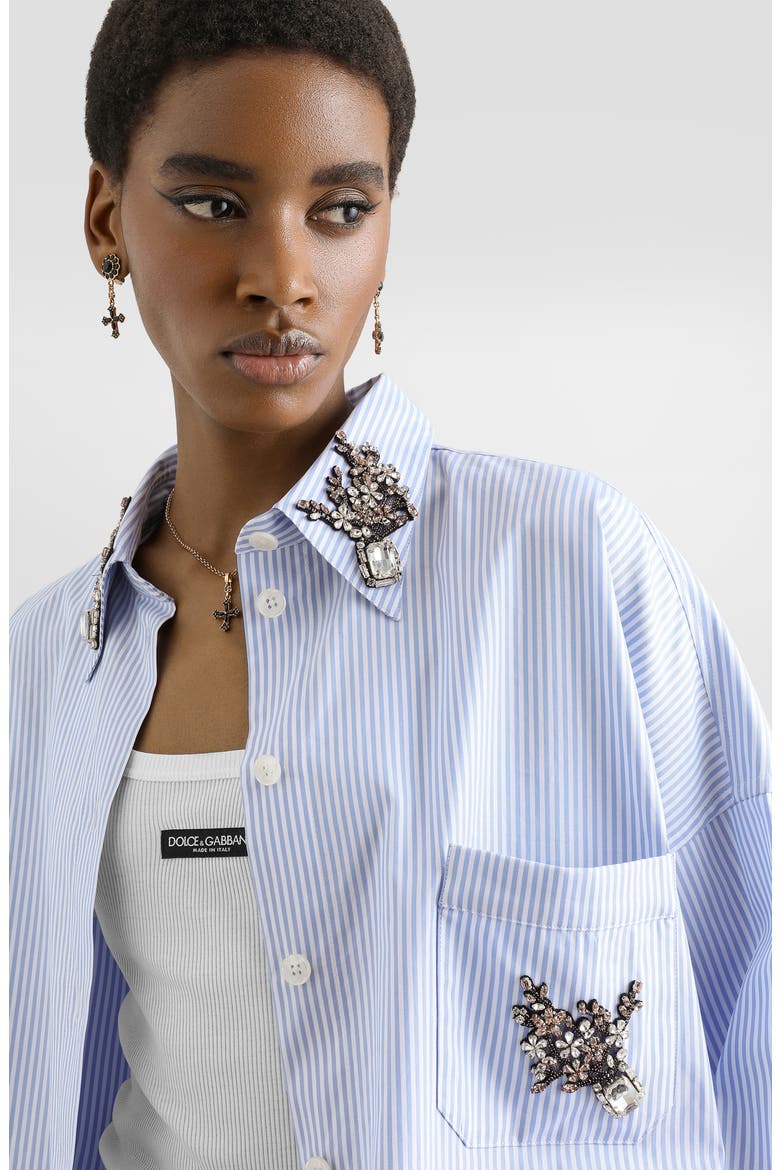 Crystal Appliqué Striped Cotton Poplin Shirt, Alternate, color, S8051 STRIPED - BLUE/ WHITE