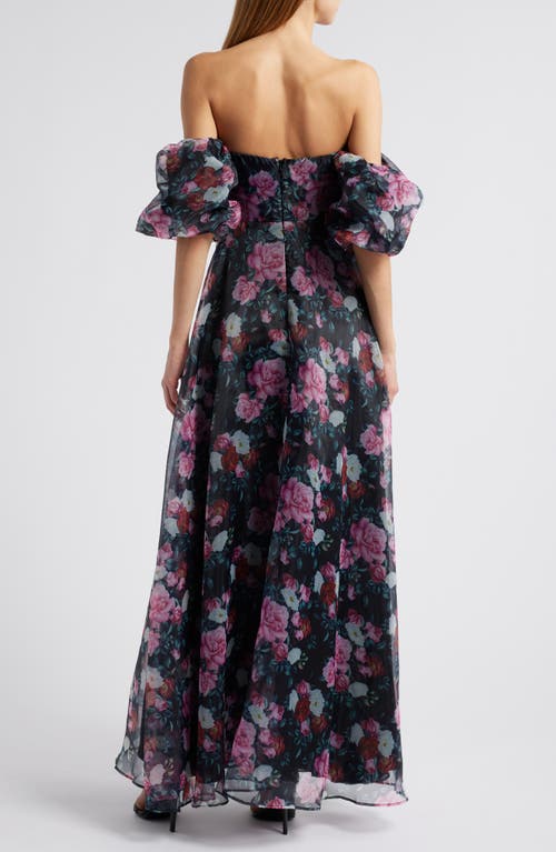 Lulus Flral Bustier Gown In Black/pink/white
