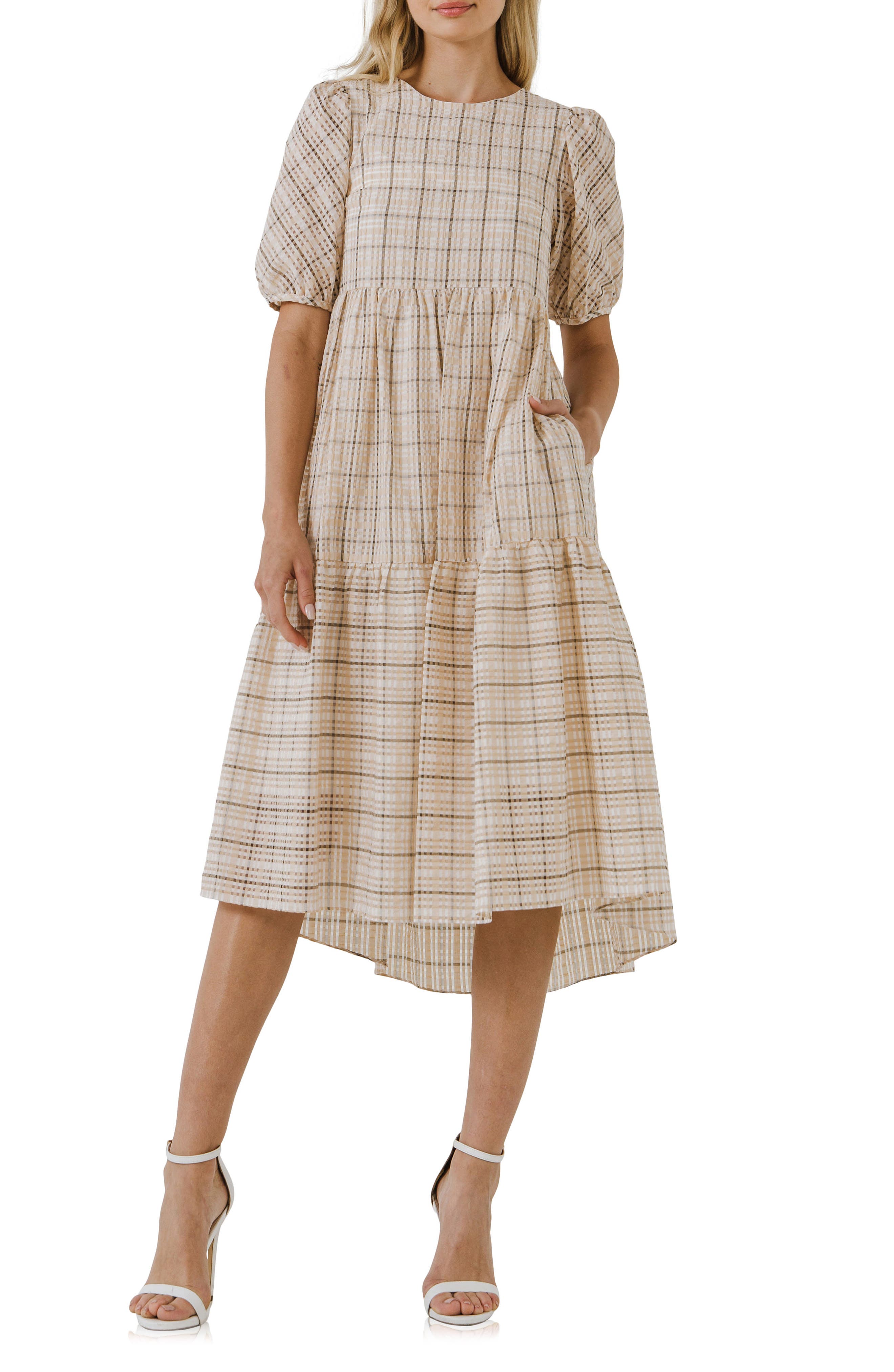English Factory Plaid Tiered Ruffle Cotton Blend Dress