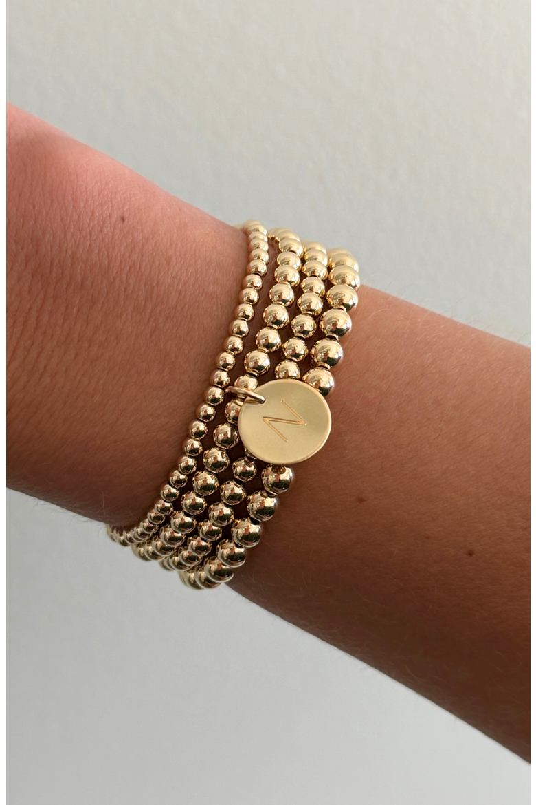 Classic Initial Coin 14k Gold Filled Bead Four Bracelet Stack, Alternate, color, Gold N