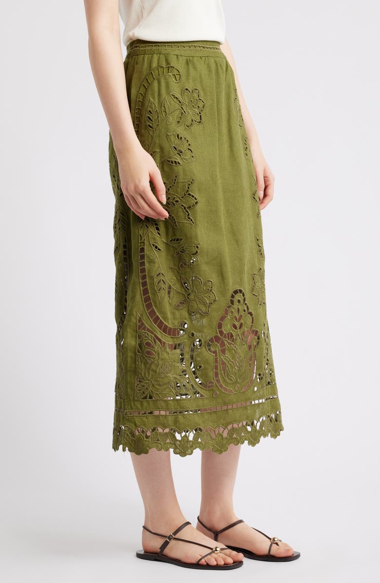 FARM Rio Majestic Garden Embroidered Eyelet Linen Midi Skirt, Alternate, color, Green