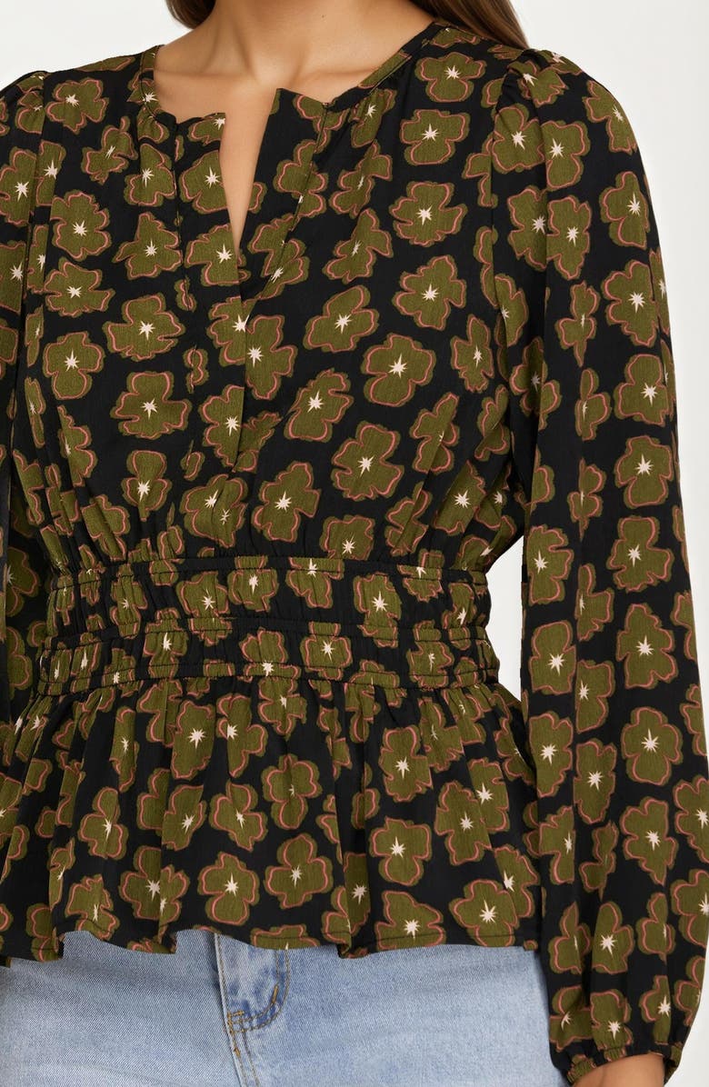 Knit and Lounge Floral Print Smocked Waist Blouse, Alternate, color, Black / Green Floral