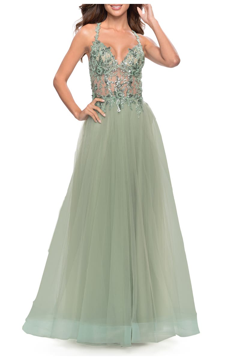 La Femme Tulle A-Line Gown with Sheer Bodice and Beaded Lace Detail, Main, color, Sage