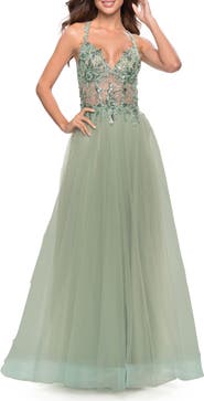 La Femme Tulle A-Line Gown with Sheer Bodice and Beaded Lace Detail