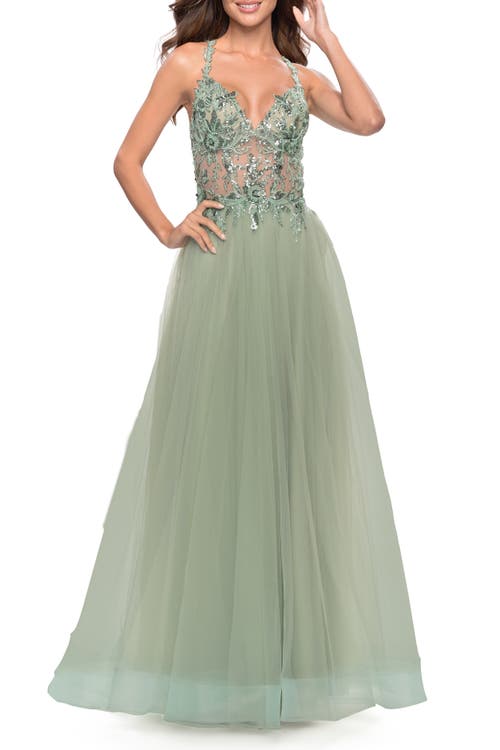 La Femme Tulle A-Line Gown with Sheer Bodice and Beaded Lace Detail in Sage at Nordstrom, Size 6