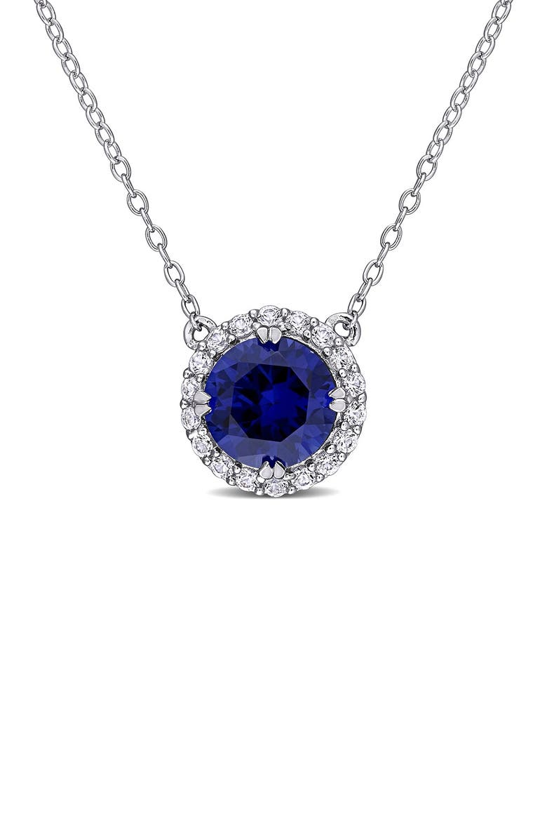 Sterling Silver Lab Created Blue Sapphire & Lab Created White Sapphire Halo Pendant Necklace, Main, color, BLUE