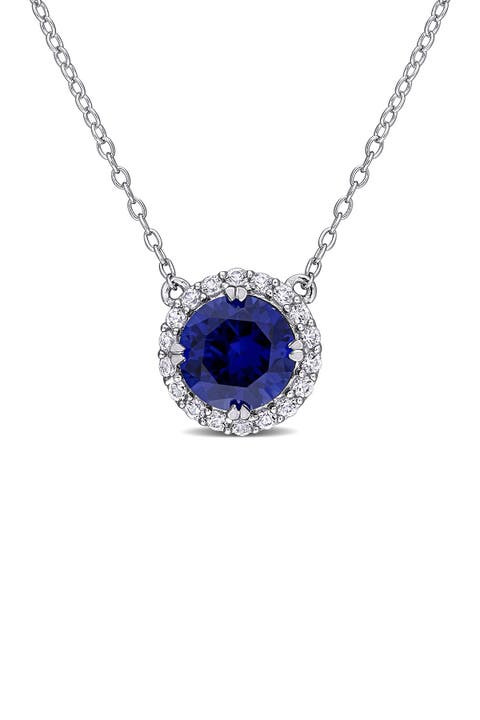 Sterling Silver Lab Created Blue Sapphire & Lab Created White Sapphire Halo Pendant Necklace