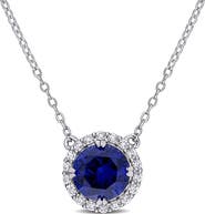 DELMAR Sterling Silver Lab Created Blue Sapphire & Lab Created White Sapphire Halo Pendant Necklace