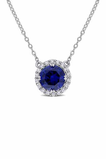 Sterling Silver Lab Created Blue Sapphire & Lab Created White Sapphire Halo Pendant Necklace