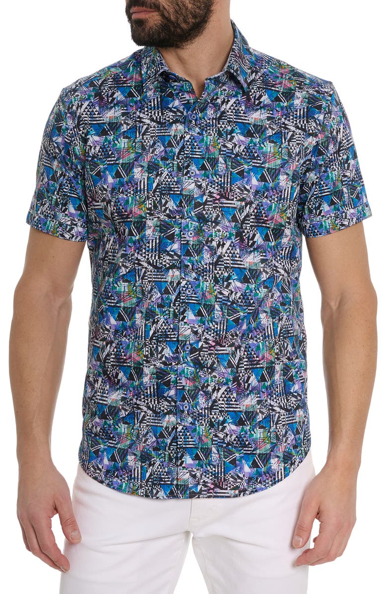 Robert Graham Pullman Short Sleeve Button Up Shirt, Main, color, Black/ Blue Multi