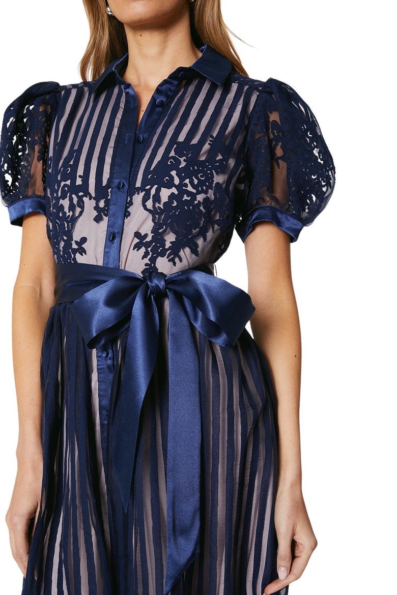 Stripe Organza Puff Sleeve Shirt Dress, Alternate, color, Navy