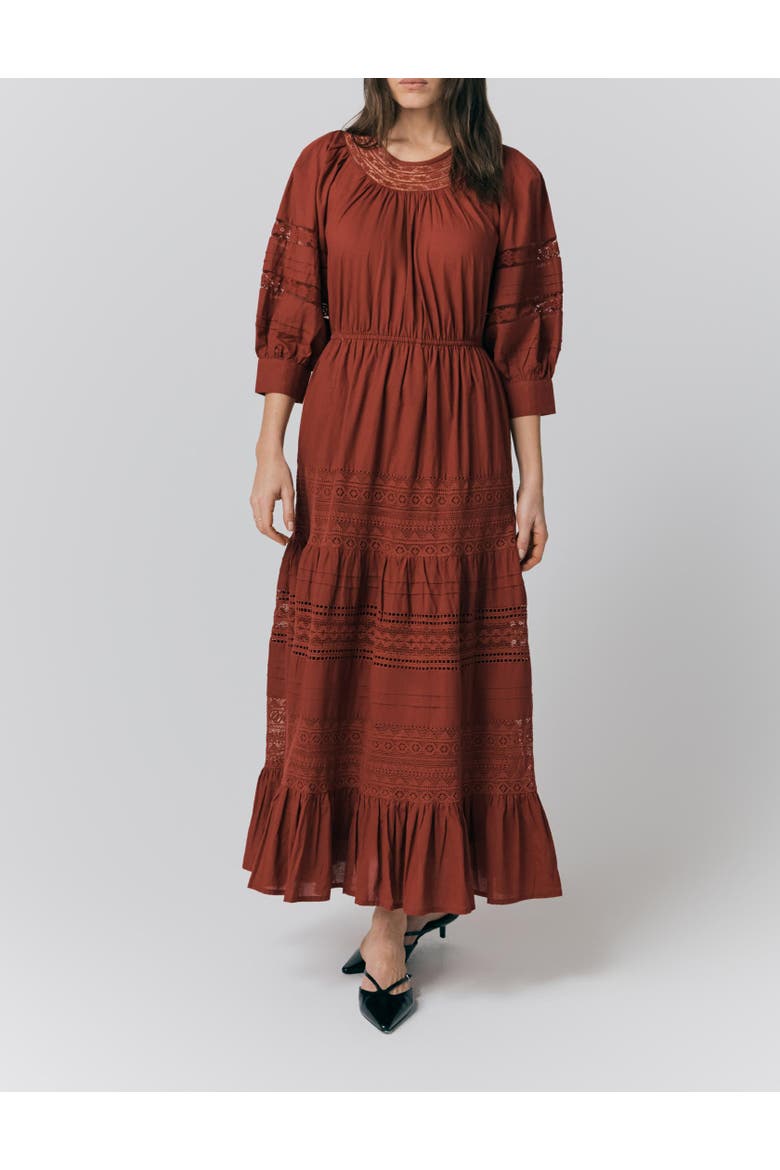 Leoni Lace Trim Cotton Midi Dress, Alternate, color, Burgundy