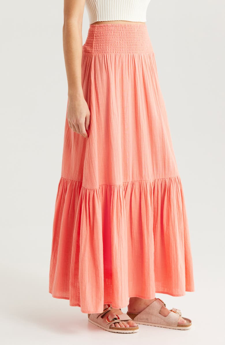 Billabong In the Palms Tiered Cotton Maxi Skirt, Alternate, color, Peach Out
