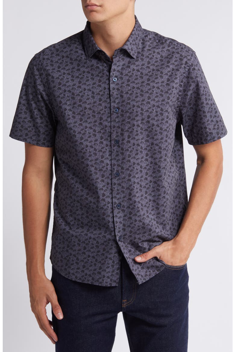 Lindy Leaf Print Short Sleeve Button-Up Shirt, Main, color, NAVY