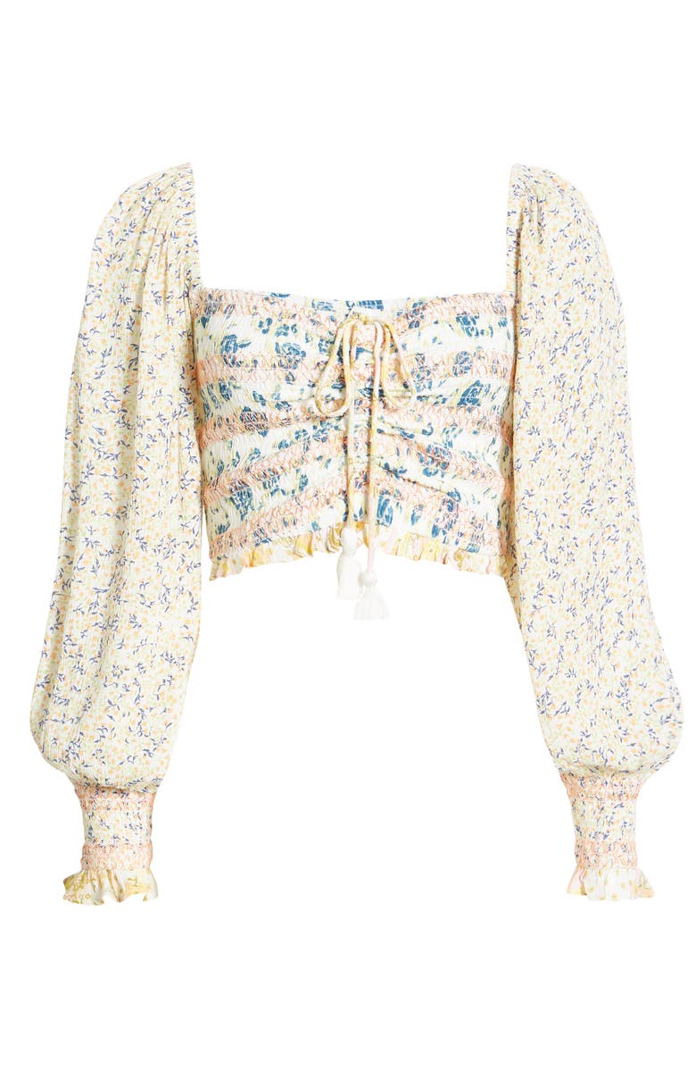 River Island Floral Print Smocked Puff Sleeve Metallic Crop Top, Alternate, color, 