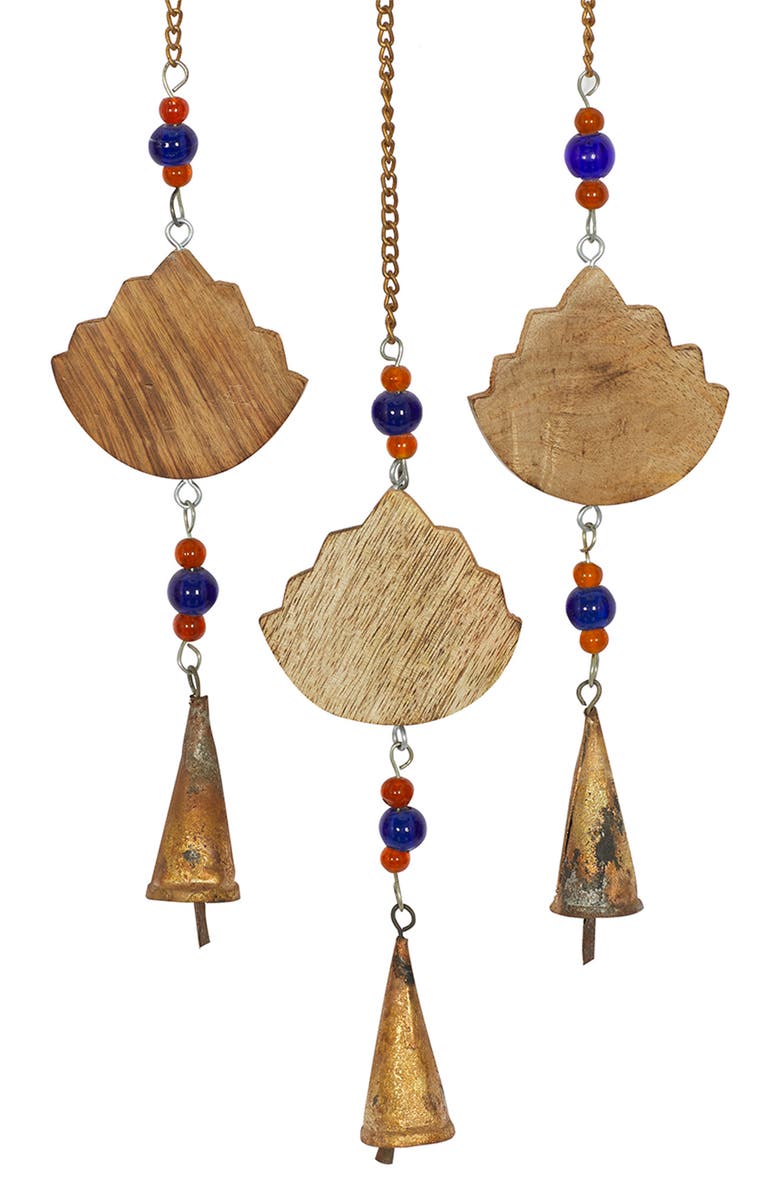GINGER BIRCH STUDIO Brown Mango Wood Handmade Hamsa Buddha Windchime with Glass Beads & Cone Bells, Alternate, color, Brown