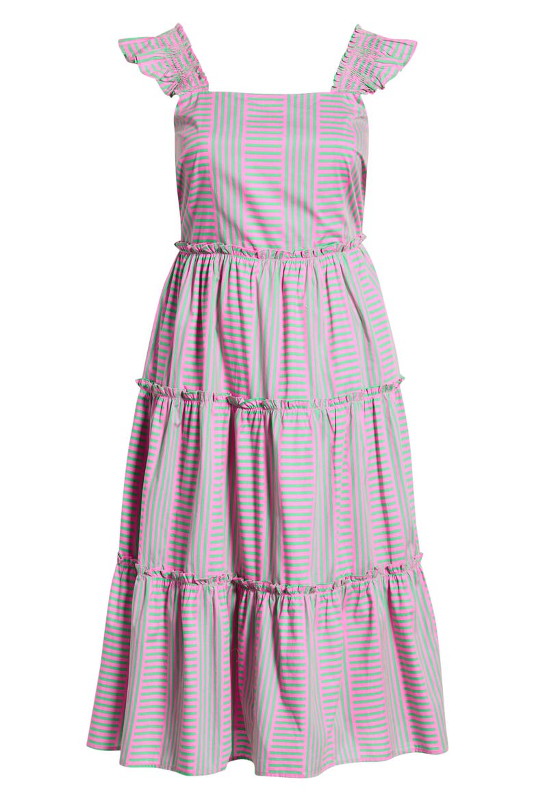 Valda Stripe Ruffle Tiered Midi Dress, Alternate, color, PINK-GREEN-MULTI