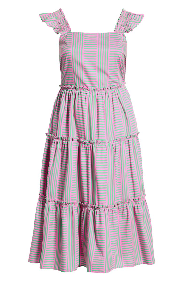 SUGARLIPS Valda Stripe Ruffle Tiered Midi Dress, Main, color, Pink-Green-Multi