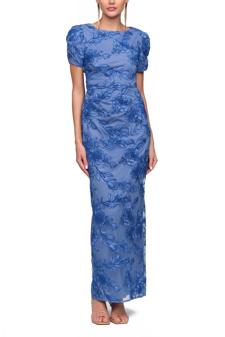 Oriana Embroidered Puff Sleeve Column Gown, Main, color, INDIGO
