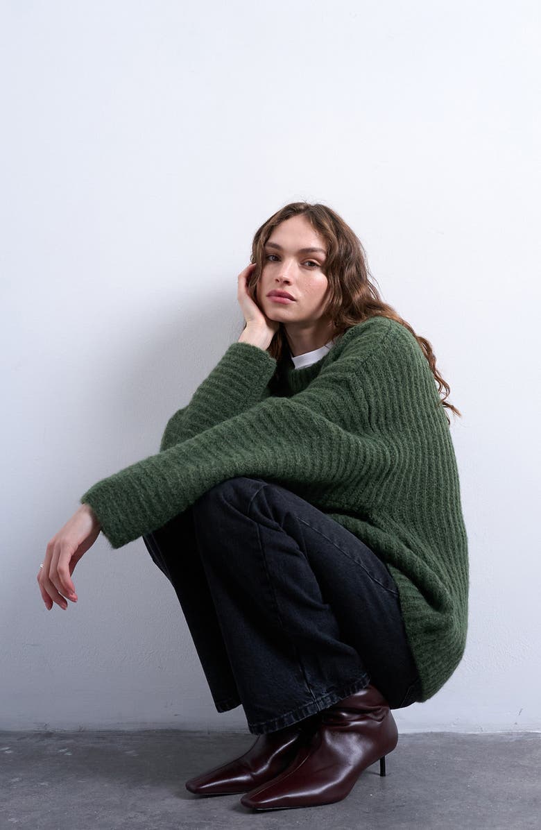 Topshop Rib Puff Sleeve Sweater, Alternate, color, Medium Green