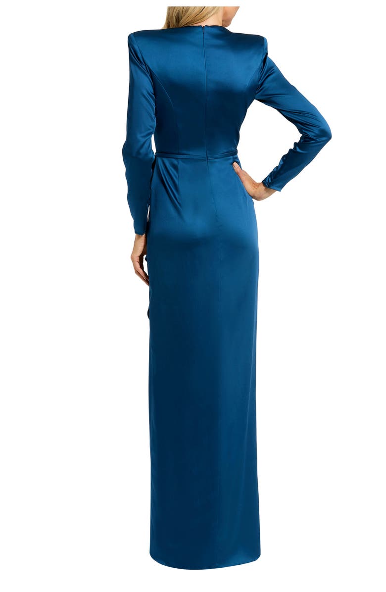 Mac Duggal Petite Long Sleeve Satin Structured Bow Draped Column Gown, Alternate, color, Ocean Blue