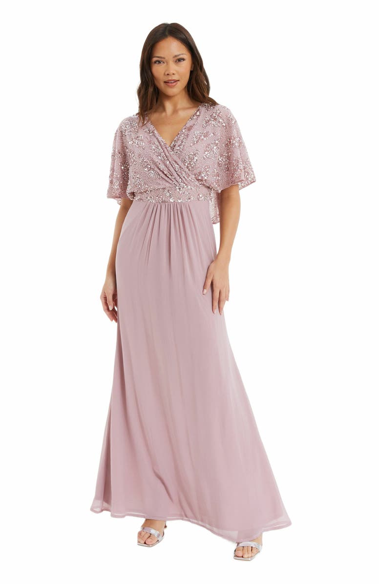 QUIZ Sequin Cape Sleeve Maxi Dress, Main, color, 