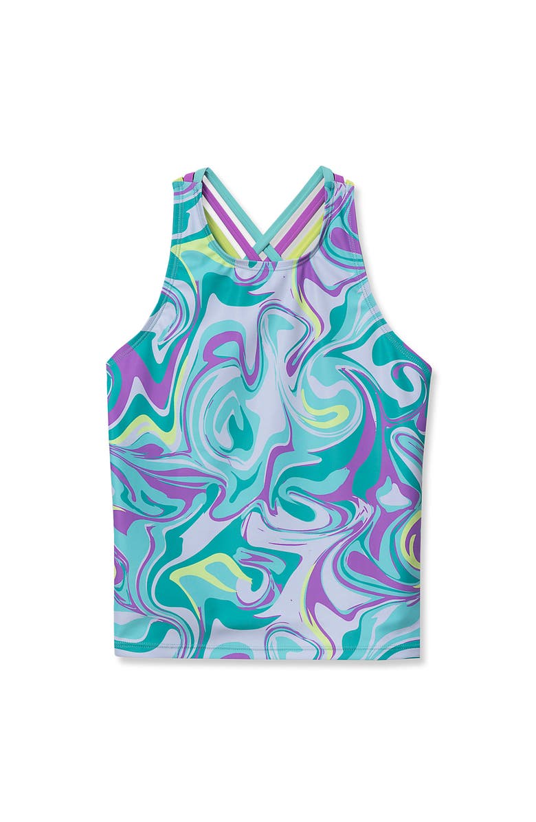Lands' End Girls Chlorine Resistant Strappy X-Back Tankini Top, Main, color, Aruba Blue Multi Swirl