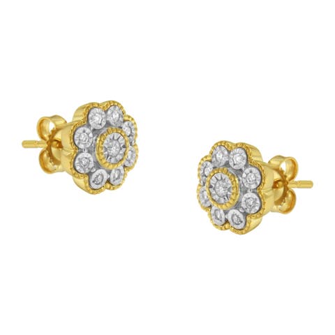 14K Yellow Gold Plated Silver 1/6 Ct Miracle-Plate Diamond Floral Stud Earrings