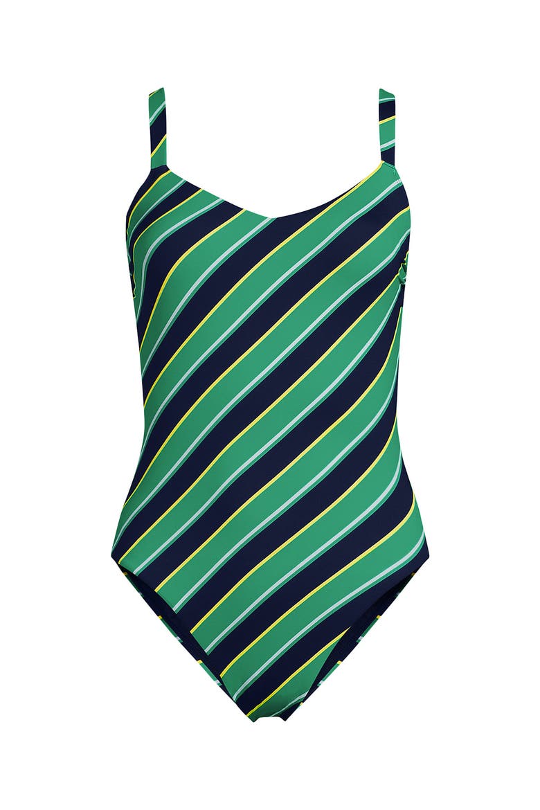 V-Neck High Leg Strappy Back One Piece, Alternate, color, Green/Navy Diagonal Stripe